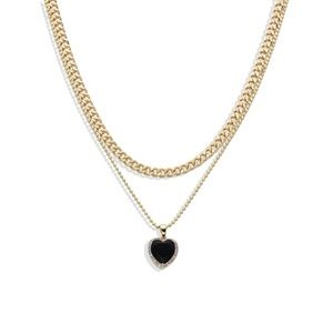 Gold black heart double chain necklace